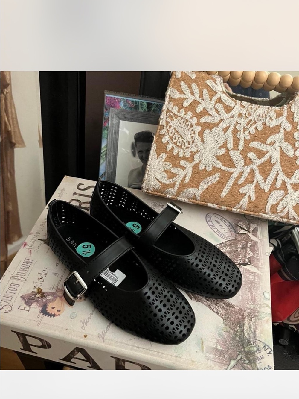 BAMBOO Black Perforated Mary Jane Flats